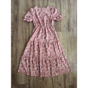 Floral Tiered Midi Dress Pink Shabby Chic Cottagecore Puffer Sleeve Size Small